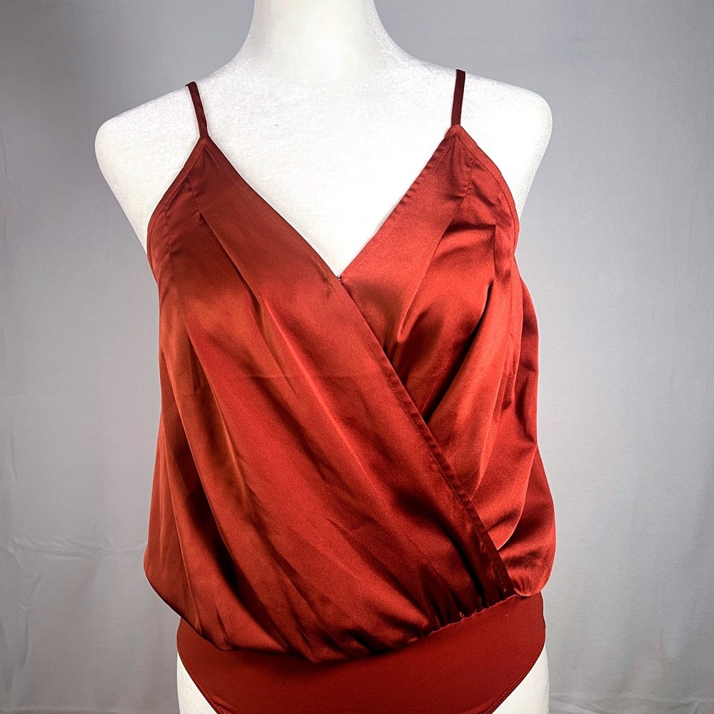 Express Rust Pleated Satin Faux Wrap Thong Bodysuit Cami‎ XS
